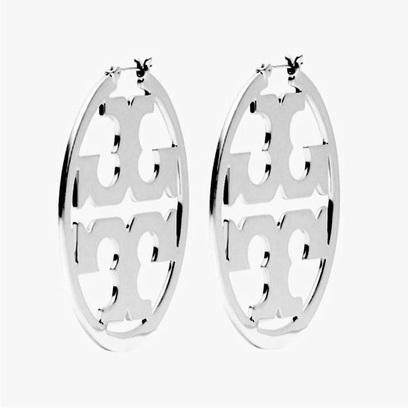 Tory Burch Large Silver Miller Logo Hoop Earrings - Picture 4 of 9